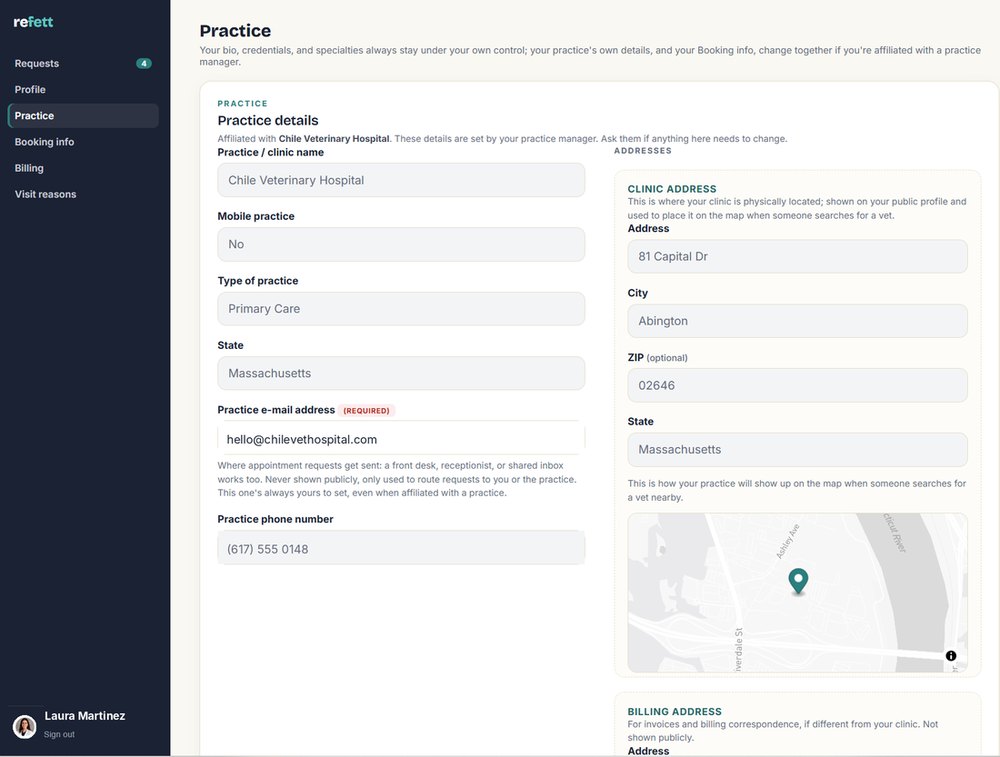 Practice details settings screen on the Refett provider dashboard
