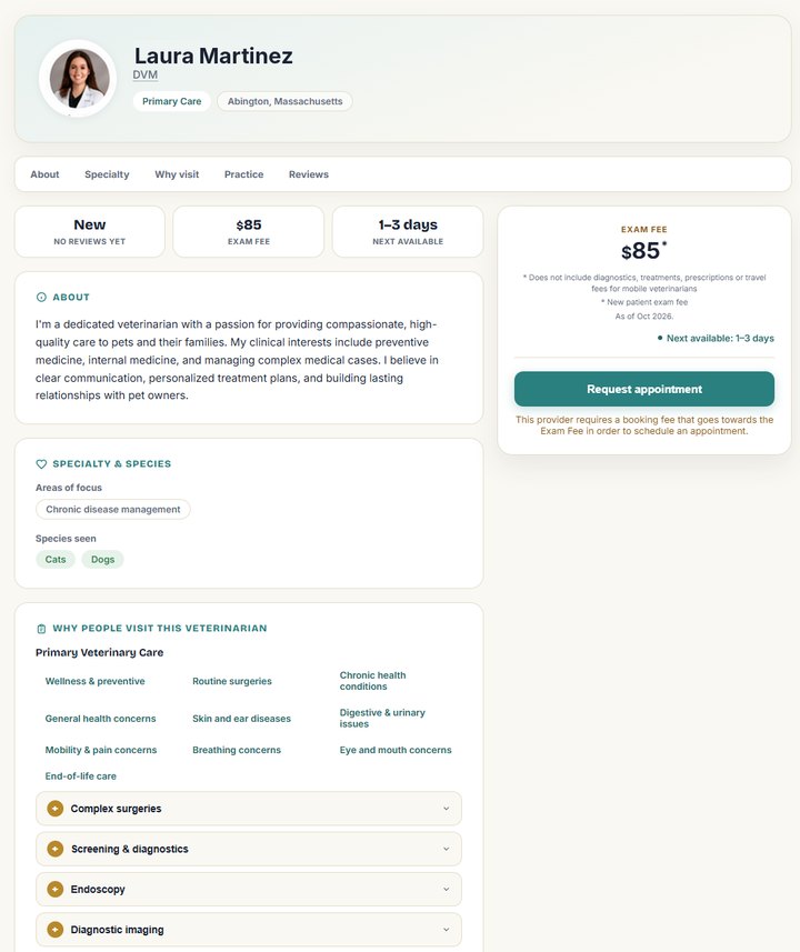 A veterinarian's public profile page on Refett