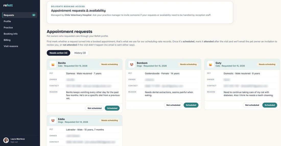 A veterinarian's appointment requests dashboard on Refett